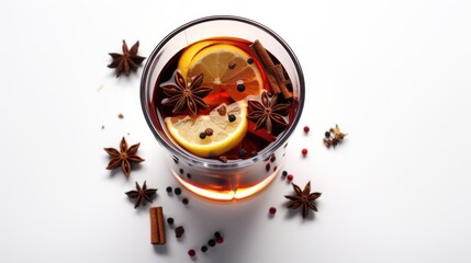  a drink in a glass with a slice of lemon and star anise on a white surface with cinnamons and star anise on the side of the glass.  generative ai