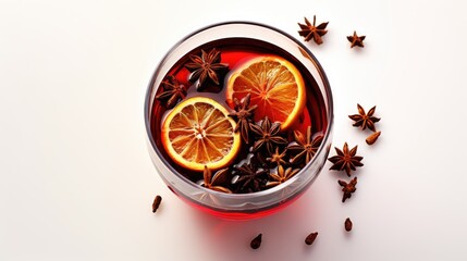  an overhead view of a drink with orange slices and star anise on the side, surrounded by star anise seeds and star anise on a white background.  generative ai