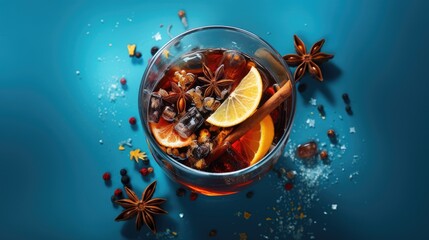  a drink in a glass with an orange slice and star anise on a blue background with clumps of star anise and cloves around it.  generative ai