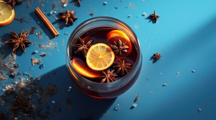  an overhead view of a drink in a glass with an orange slice and star anise on a blue surface with cinnamons and star anise on the side.  generative ai - obrazy, fototapety, plakaty