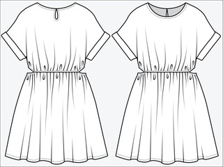 DOLMAN SLEEVES DRESS WITH CUT OUT WAIST DETAIL DESIGNED FOR TEEN GIRL, TWEEN GIRLS AND KID GIRLS IN  VECTOR ILLUSTRATION