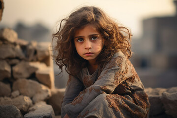 Image of an orphaned child in front of the ruins of town destroyed in the war generative ai - obrazy, fototapety, plakaty