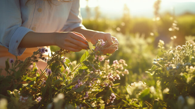 A woman collects medicinal herbs.Generative AI