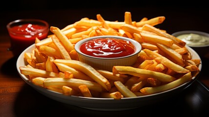 Crispy french fries with ketchup dip close-up indoors