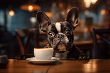 Generative AI portrait image of funny pet animal doggy kitty licking fresh milk in modern cafe - obrazy, fototapety, plakaty
