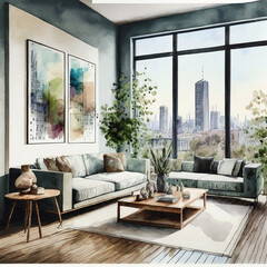 Urban Oasis with Wall Mockups, Blend urban aesthetics with Scandinavian design—large windows, city views, and modern furnishings in the living room. Wall mockups