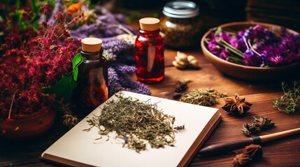 medicinal herbs and tinctures. write a recipe for tinctures.Generative AI - obrazy, fototapety, plakaty