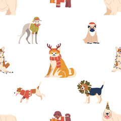 Seamless Pattern Featuring Adorable Christmas Pet Dogs, Wearing Festive Hats Holiday Decorations, And Clothes