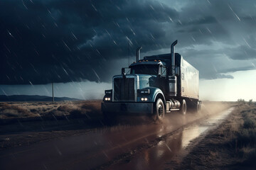 Powerful grey big rig long haul semi truck driving on freeway through meadows at raining thunderstorm day