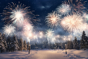 Fototapeta na wymiar Fireworks in night winter park 