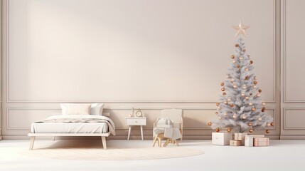 a room with a bed, a christmas tree, a chair, and a bed with a white comforter and a gold star on the top of the bed.  generative ai
