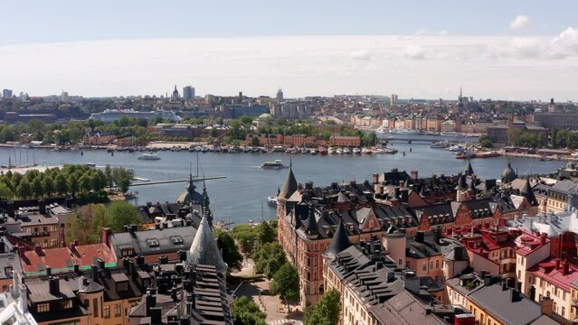 View over Stockholm city. Baltic sea tourist boat traffic and &Ouml;stermalm