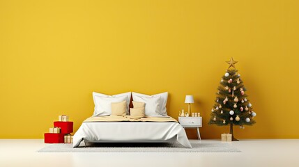  a bedroom with a yellow wall and a white bed with a white comforter and pillows and a small christmas tree on the side of the bed in front of the room.  generative ai