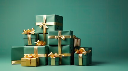  a stack of christmas presents with gold bows and bows on them, against a teal green background, with gold ribbons and bows on the top of the boxes.  generative ai