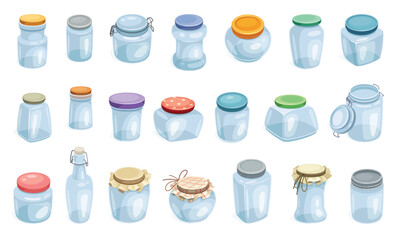 Cartoon empty jars. Kitchen glass mason jar with screw lid for seasonings or preserved food, jam bank pots cooking canning meal glassware container set neoteric vector illustration