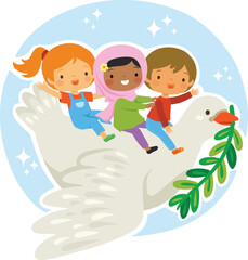 World peace concept. Kids riding a dove with an olive branch as a symbol of peace between nations.