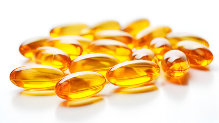 Omega 3 oil capsules on white background. Omega 3 vitamin in capsules. Golden Omega-3 Fish Oil pills. Shiny Fish Oil Pills, Dietary Wellness Concept. Glossy Omega-3 Supplements for healthy nutrition