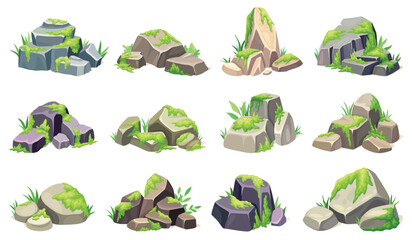 Moss on stones. Swamp green lichen rocks, wild forest mosses structure at rock piece stone rubble nature geology material, game lichens assets cartoon neoteric vector illustration - obrazy, fototapety, plakaty