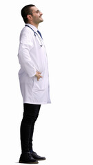 male doctor in a white coat on a white background in profile