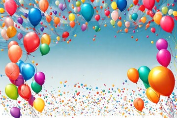 multicolor balloons with text  copy space in the middle for text writing
balloons at the border with blank grey and blue wall for copy space 
birthday decoration with  balloons party bushes  