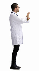 male doctor in a white coat on a white background in profile