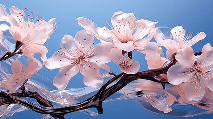  a close up of a bunch of flowers with water in the foreground and a blue sky in the background with only one flower in the middle of the picture.  generative ai