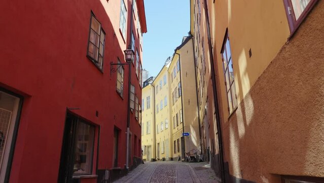Old Town in Stockholm Sweden. Sunny day high dynamic range video narrow pathway