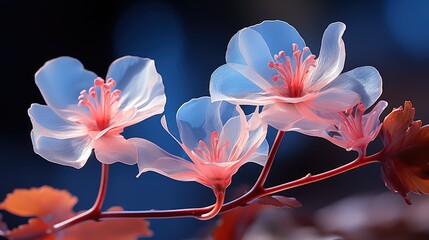  a close up of a flower on a branch with blue and red flowers in the foreground and a blurry background of blue and red flowers in the foreground.  generative ai