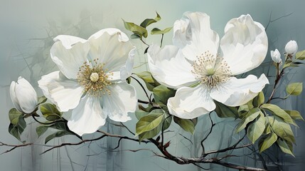  a painting of three white flowers on a twig with green leaves on a gray and blue background with a white bird sitting on a twig in the middle of the twig.  generative ai