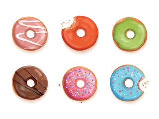 Donuts top view. Realistic donut with colorful icing sprinkles, round cake candy sweets desserts 3d isolated bitten doughnut multicolored glaze decoration exact vector illustration