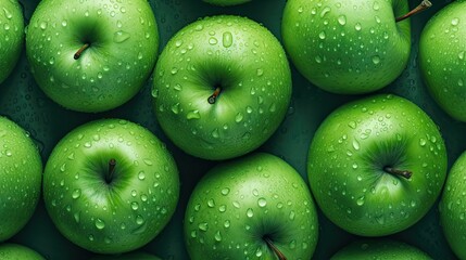  a group of green apples with drops of water on them, as if they were floating in the air or in a pool of water droplets on top of them.  generative ai