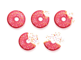 Bitten donuts. Realistic eaten donut, delicious biscuit with hole for Hanukkah, bite half doughnut colorful glazed topping and crumbs sugar delicacy icing exact vector illustration