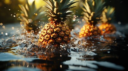  a group of pineapples sitting on top of a body of water with drops of water on the bottom of the pineapples and bottom of the pineapples.  generative ai