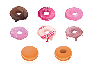 Donut constructor. Realistic different donuts glaze creation kit, doughnut cake desserts maker mix icing candy toppings, doughnuts cookie biscuit type 3d exact vector illustration