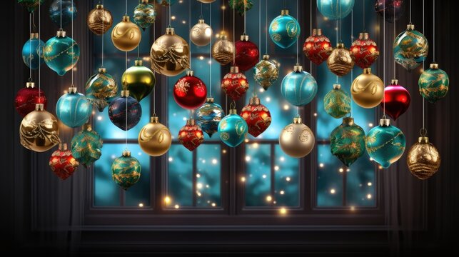  A Bunch Of Christmas Ornaments Hanging From A Window Sill In Front Of A Lit Up Christmas Tree With Lights On The Outside Of The Window And On The Outside Of The Outside.  Generative Ai