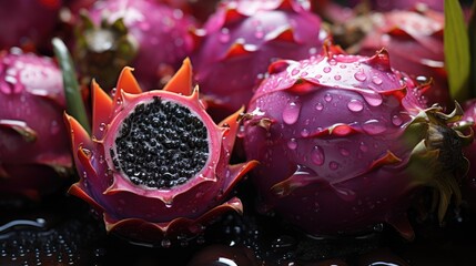  a close up of a dragon fruit with drops of water on the inside of it and on the outside of the...