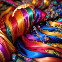 A close up of a bunch of different colored ribbons