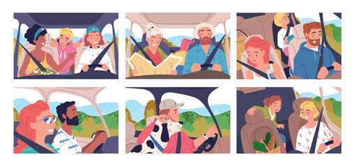 People driving inside car. Family or friends driver and passengers sitting in cars interiors, travel roadtrip concept woman at windshield automobile ride classy vector illustration