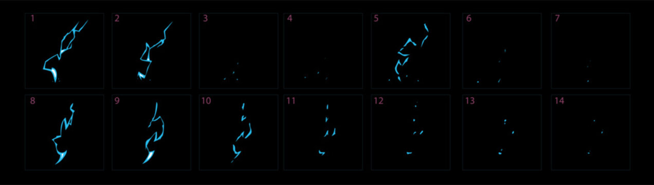 Lightning animation, thunderbolt effect animation frames sprite for games or vedio vector illustration. Electricity thunderbolt danger, light electric powerful thunder bolt - Vector