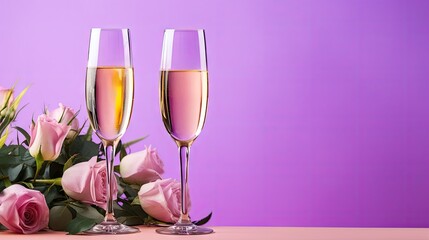  two champagne flutes filled with champagne next to a bouquet of pink roses on a table with a purple wall in the background and a bouquet of pink roses in the foreground.  generative ai
