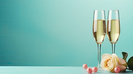  two glasses of champagne next to a rose on a table with a blue wall in the background and a pink rose in the foreground with two glasses of champagne.  generative ai - obrazy, fototapety, plakaty