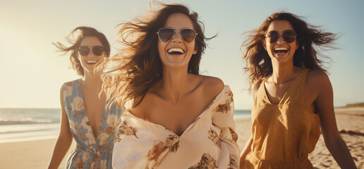 three happy friends walking on the beach - obrazy, fototapety, plakaty