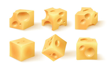 Cheese cubes. Realistic cheeses cube with holes, 3d cheddar parts hard parmesan fat piece cubed gouda, american snack
