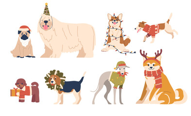 Festive Christmas Dogs Wear Santa Hats, Eagerly Wagging Their Tails, Surrounded By Twinkling Lights And Ornaments
