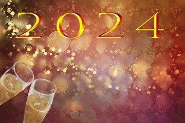 new year 2024, gold text on red background and out-of-focus lights, with toast with champagne flutes