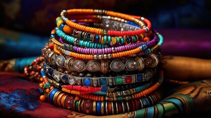 A stack of colorful bracelets sitting on top of a table - obrazy, fototapety, plakaty