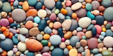 Fototapeta na wymiar Pile of colorful sea stones, Colorfu pebbles beach, top view, ai generated