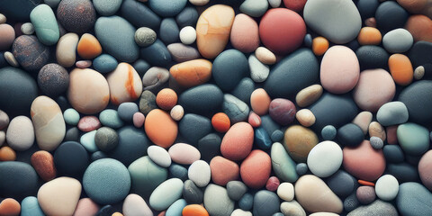 Pile of colorful sea stones, Colorfu pebbles beach, top view, ai generated