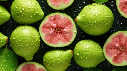  a group of watermelon cut in half with drops of water on the top of the whole, on a black surface with green leaves and water droplets on the bottom.  generative ai - Powered by Adobe