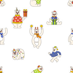Fototapeta premium Seamless Pattern Featuring Charming Retro Christmas Polar Bear Characters Wearing Sweaters with Snowflakes and Hats